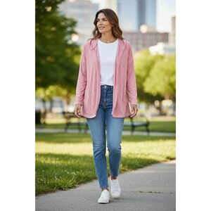 Women's Lands' End Lightweight Hooded Cardigan Pink Open Front Size L‎